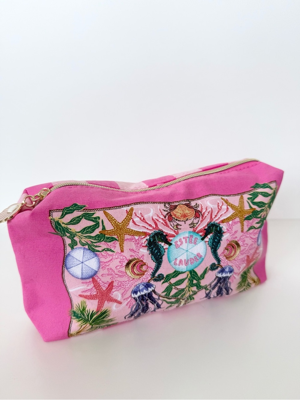 Estee Lauder Hot Pink Embroidered Ocean Cosmetic Pouch